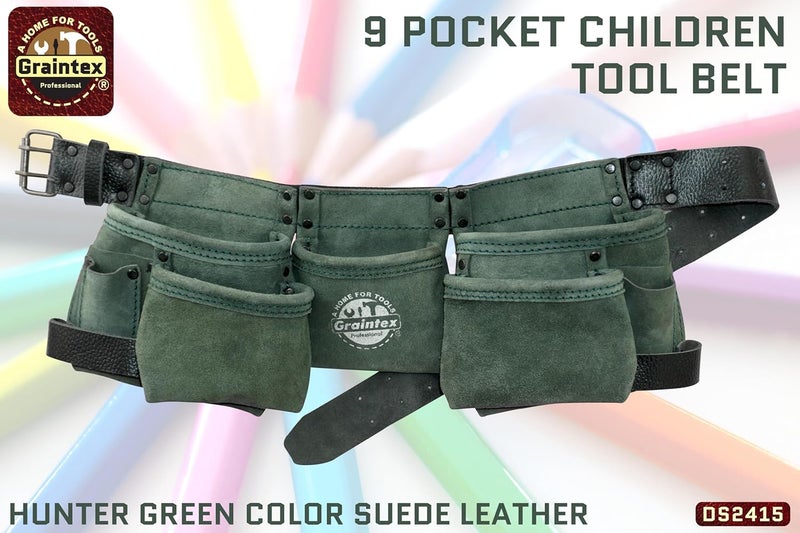 Graintex DS2415 :: 9 Pocket Children Tool Belt Hunter Green Color Suede Leather, Kids Real Tool Belt, Boys and Girls Tool Apron for Home Improvement, 1.1/2" Leather Belt, Hammer Loops - Image 2